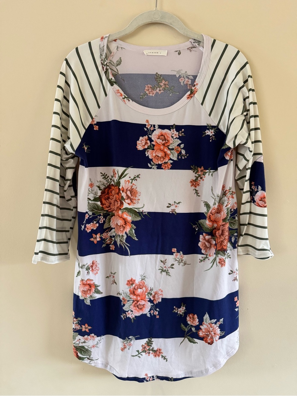 Reborn J Navy & White Striped Floral Raglan Top